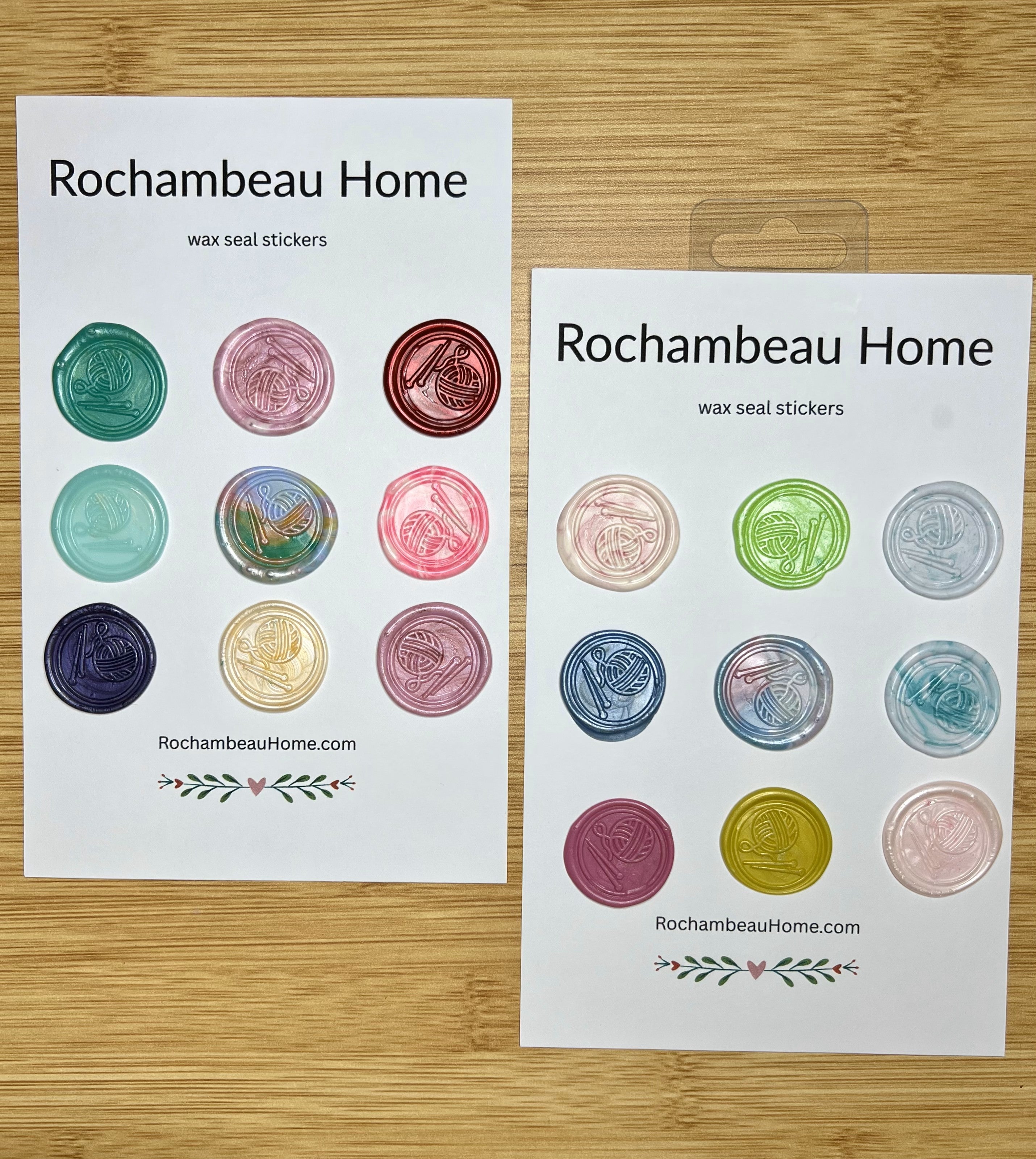 Close up view of the Handcrafted Knitting Circle in a multicolor 18 pack of wax seal stickers