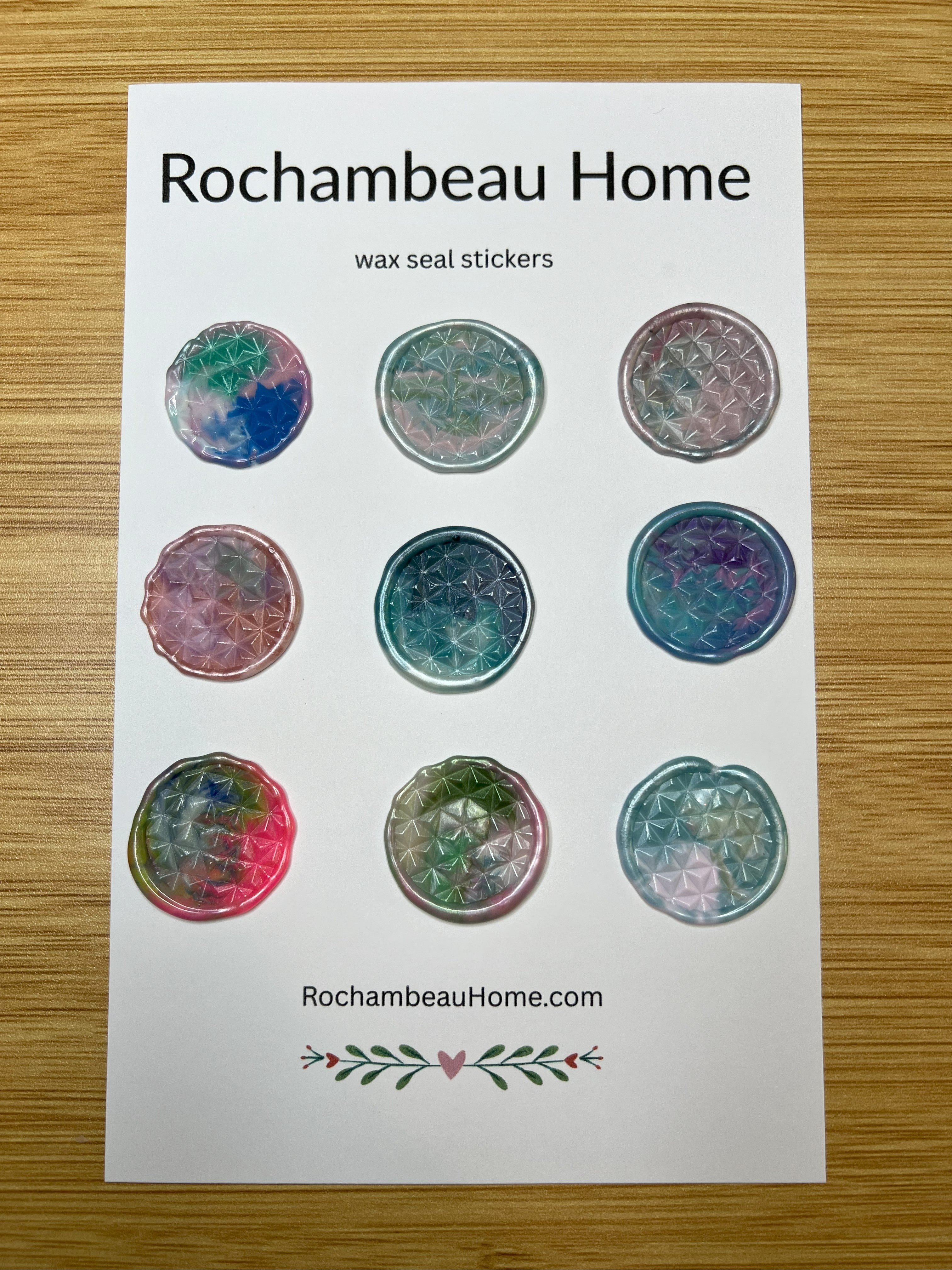 Close up view of the Prism Daze Wax Seal Sticker on a 9 Pack Card