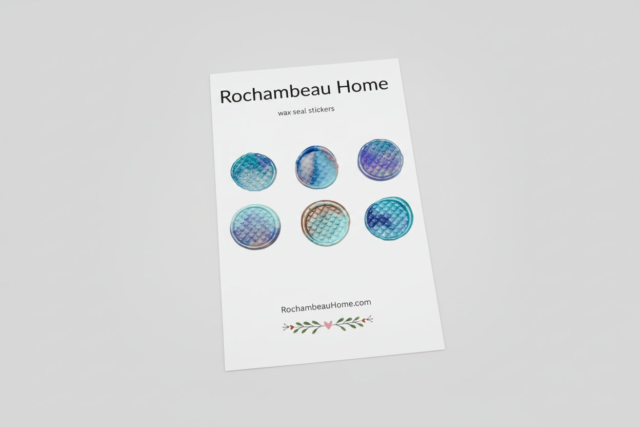 Tide & Trinket Mermaid wax seal stickers created by Rochambeau Home on a 6 pack card