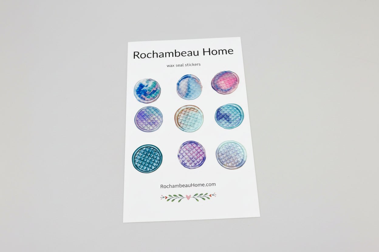 Tide & Trinket Mermaid wax seal stickers created by Rochambeau Home on a 9 pack card