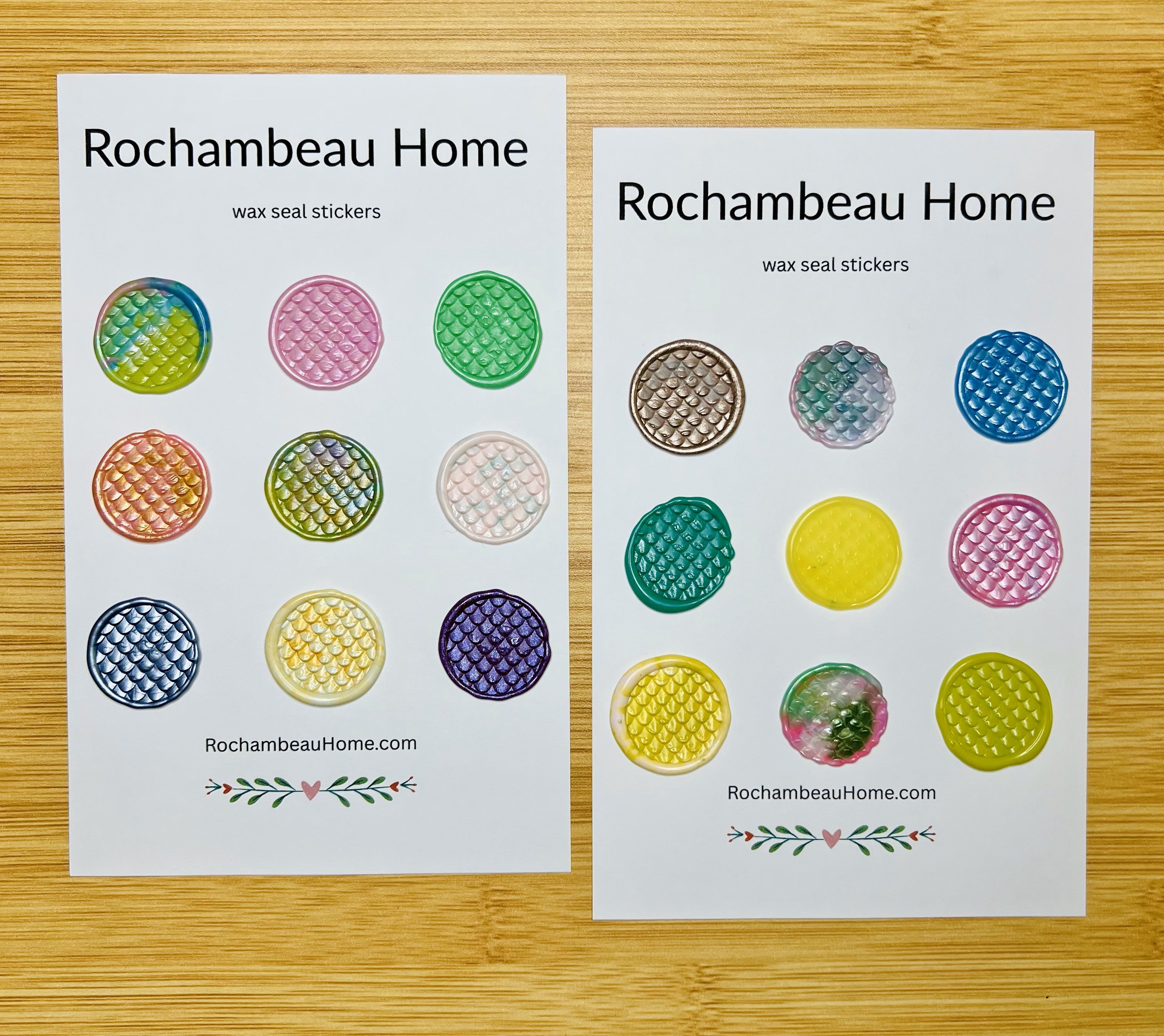 Close up view of the Hiss & Tell wax seal stickers