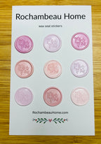 "Mr. & Mrs." wax seal stickers in a pink hue on a 9 pack card