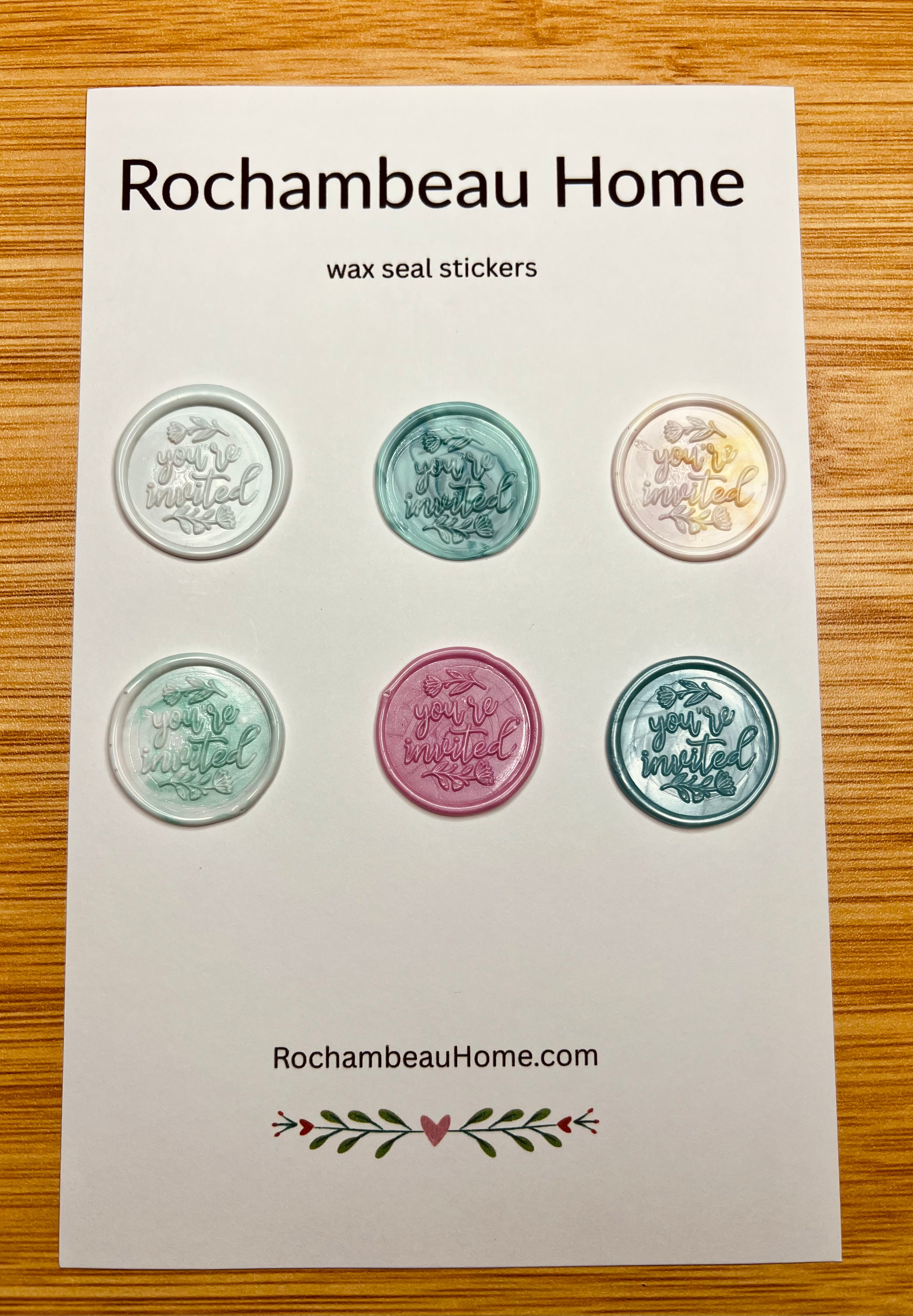 A 6 pack card of the Close up view of the Handcrafted “You’re Invited” wax seal stickers
