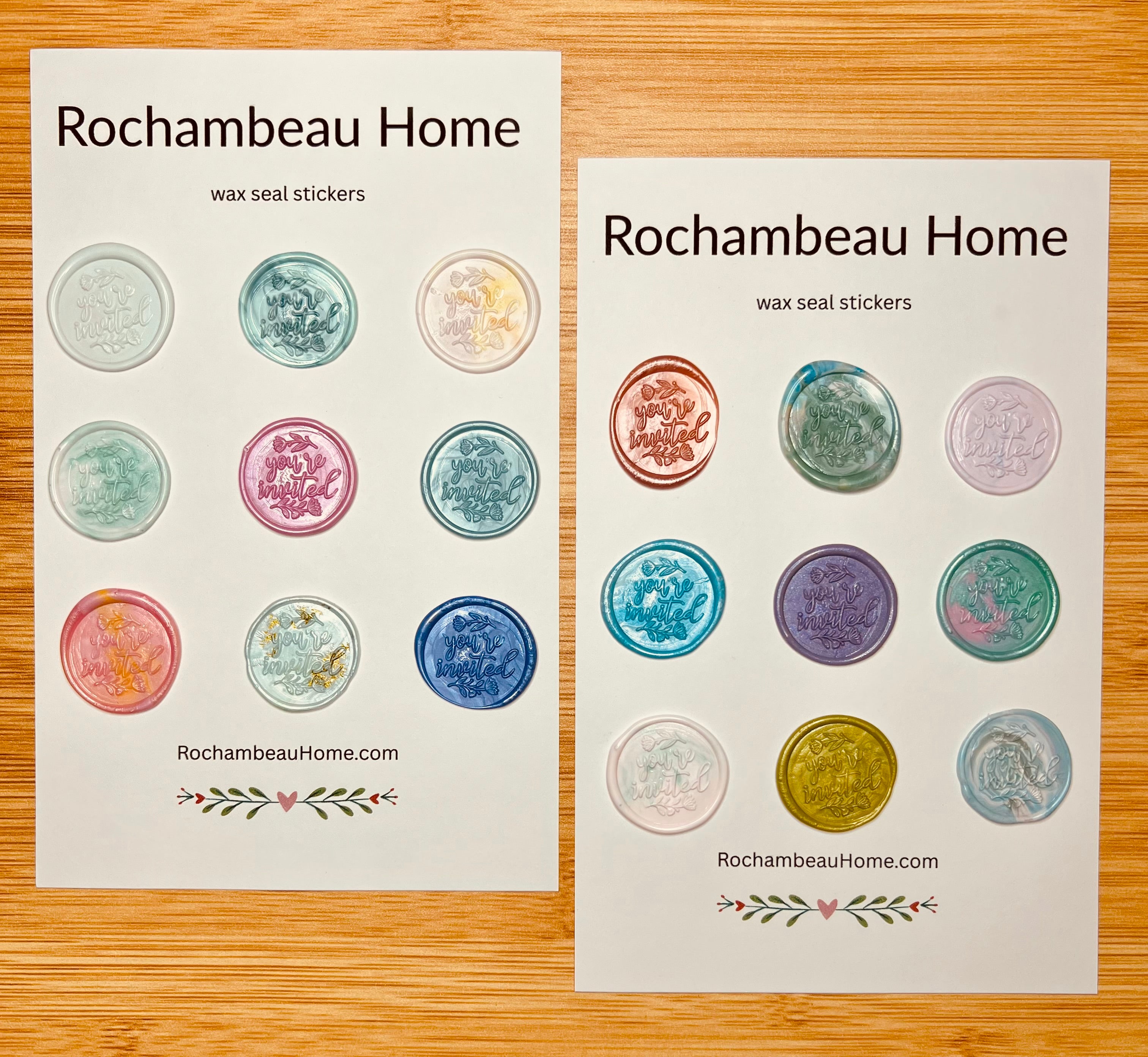 18 Handcrafted “You’re Invited” wax seal stickers on display cards in various colors