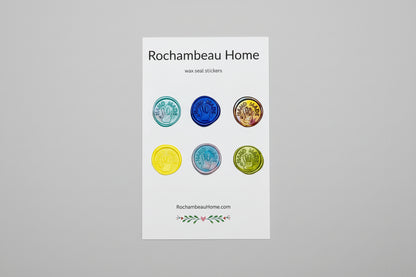 Multicolor “Hand Made” wax seal stickers created by Rochambeau Home with 3D embossed handprint displayed on a product card