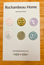 Close up view of the "Thank You" (Style 1) wax seal stickers in a variety of colors on a 6 pack card