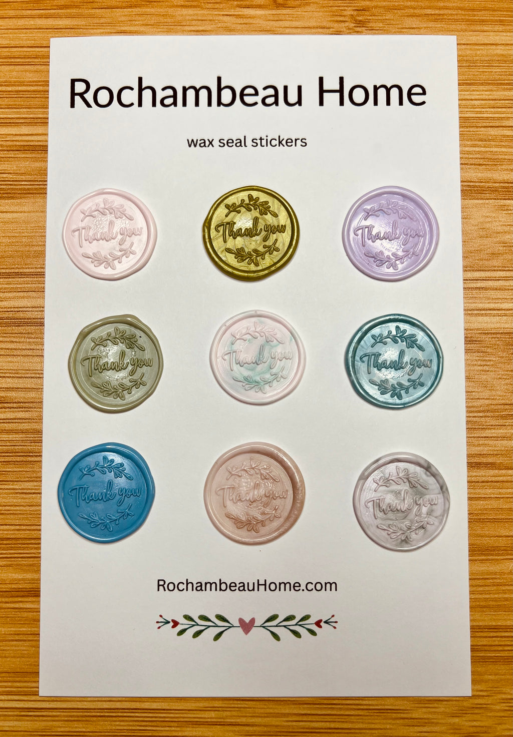 "Thank You" (Style 1) wax seal stickers in a variety of colors on a 9 pack card