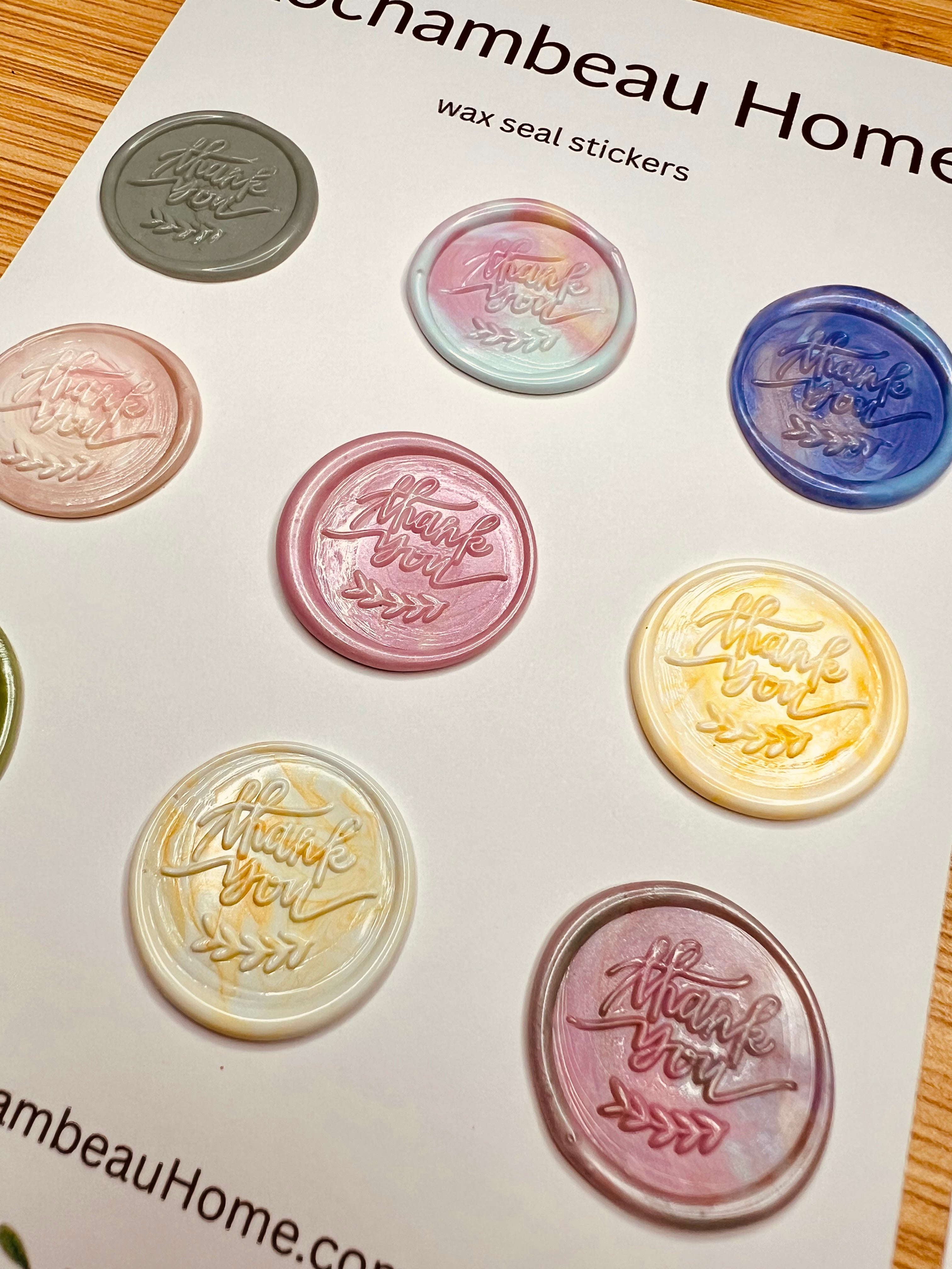 Side view of Style 2 "Thank you" wax seal stickers in various colors
