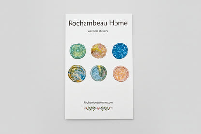 Close up view of the Rock Candy wax seal stickers created by Rochambeau Home on a 6 pack card
