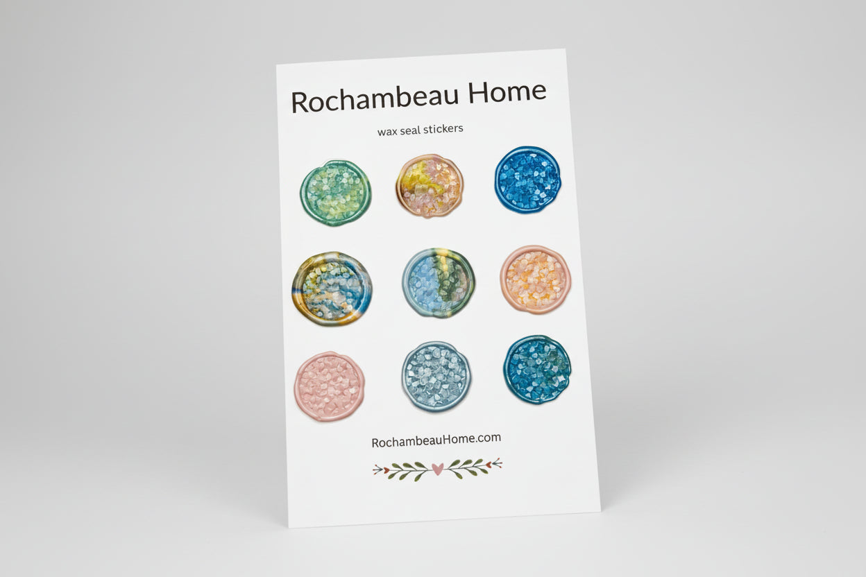 Close up view of the Rock Candy wax seal stickers created by Rochambeau Home on a 9 pack card