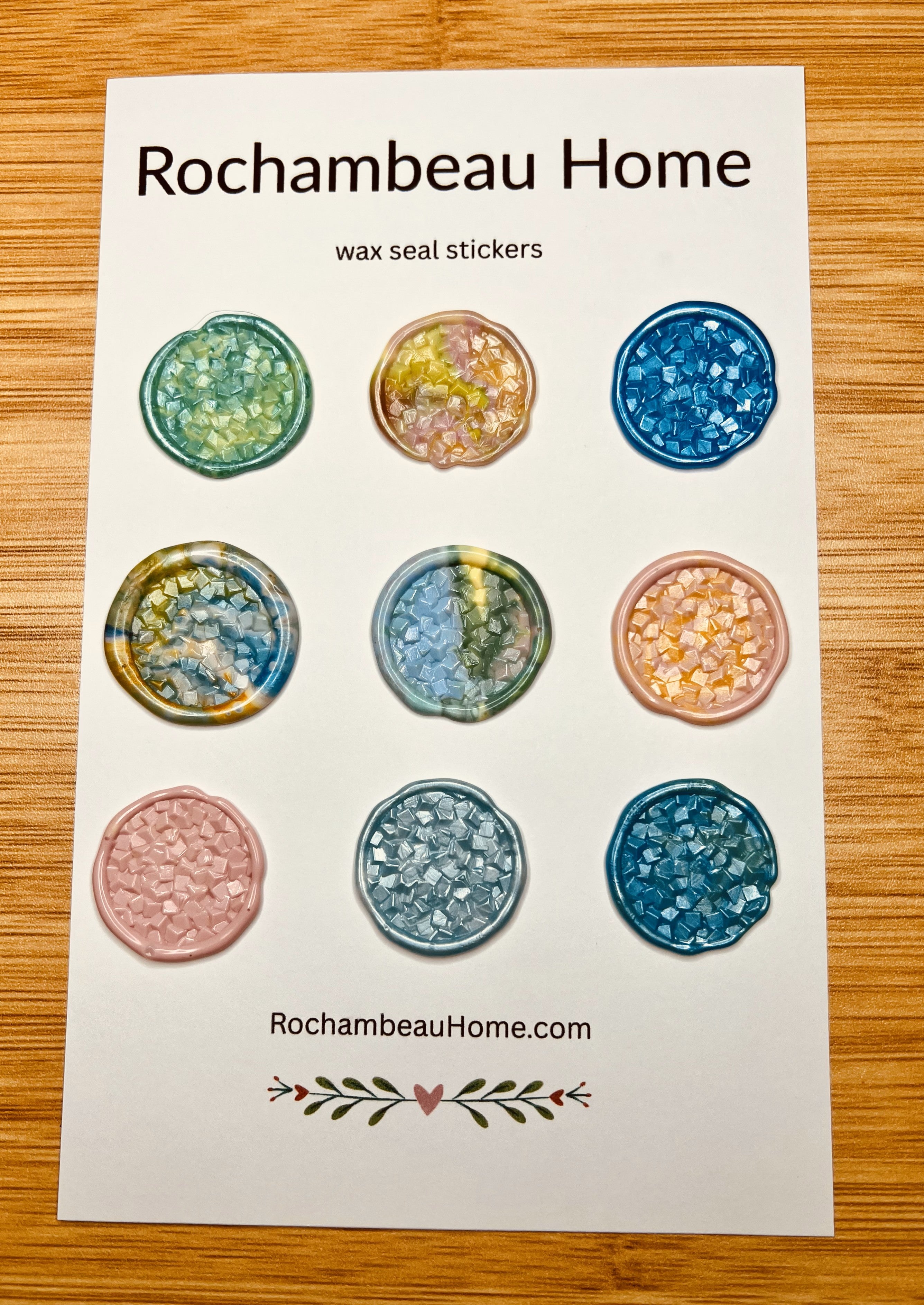 Close up view of the Rock Candy wax seal stickers on a 9 pack card