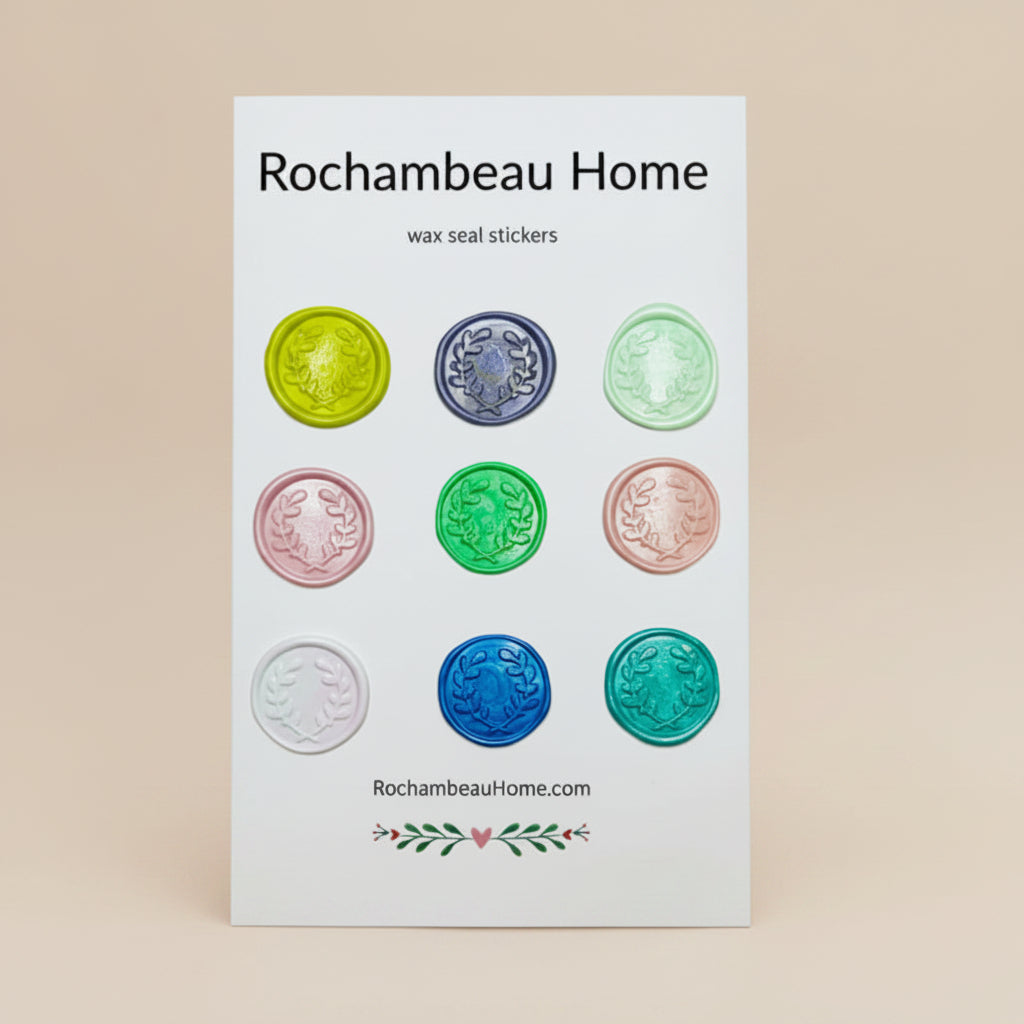 Solid Multicolor wax seals created by Rochambeau Home arranged in soft and vibrant hues on a 9 pack display card