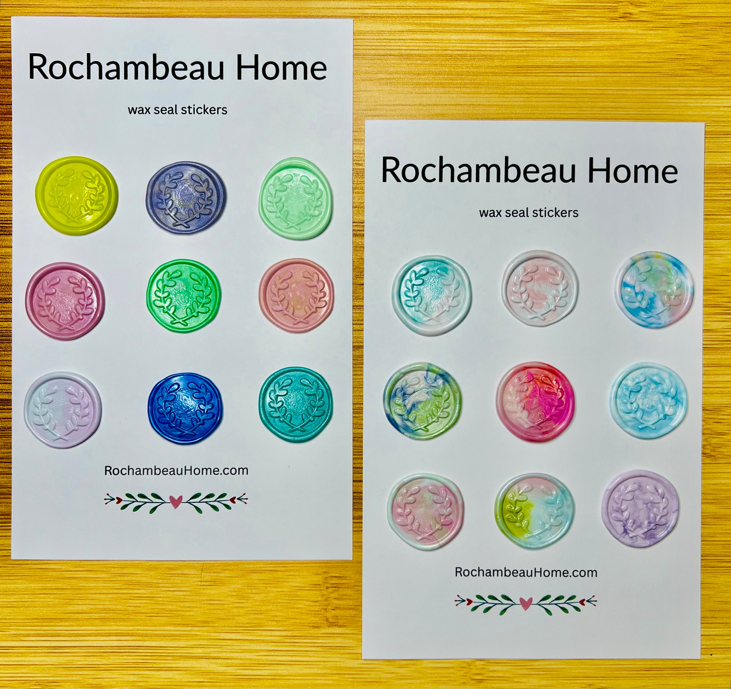 A mix of Rainbow Multicolor palette & Solid Multicolor wax seal stickers on an 18 pack card
