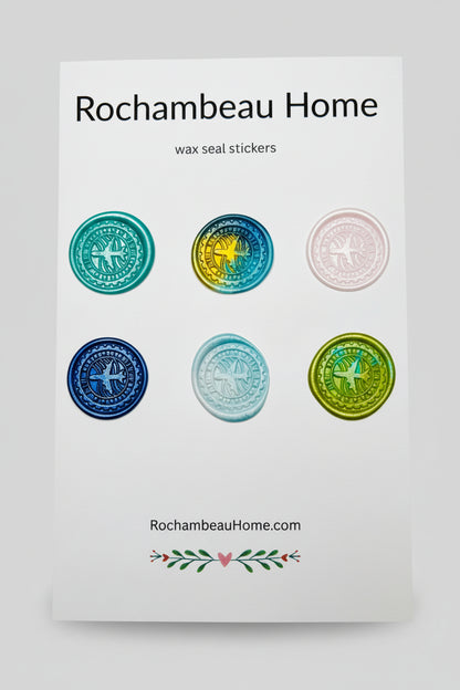 Close up view of the Air Mail wax seal stickers created by Rochambeau Home  on a 6 pack card