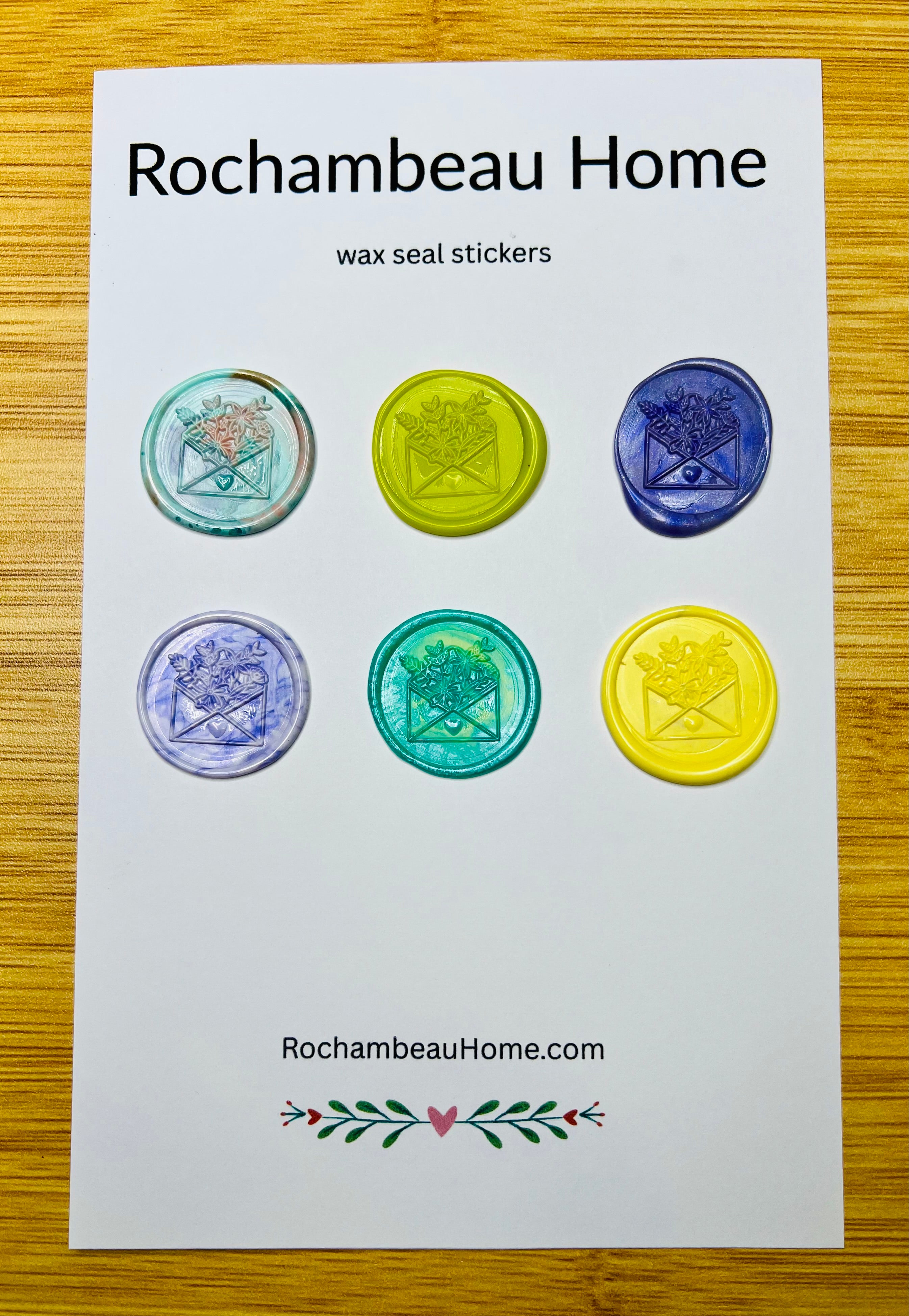 Cottagecore Floral Envelope wax seal stickers shown on a 6 pack display card