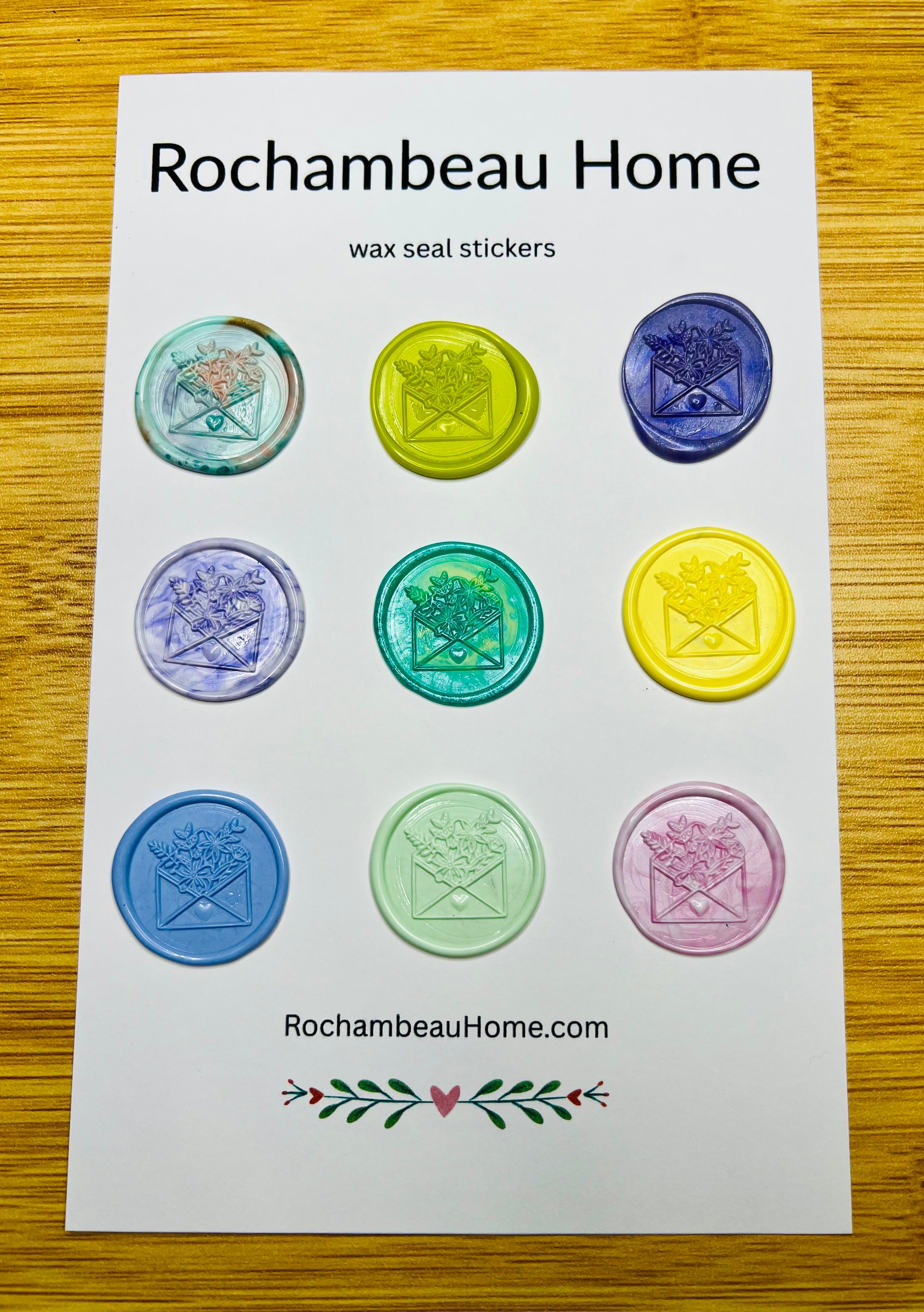 Cottagecore Floral Envelope wax seal stickers on a 9 pack display card