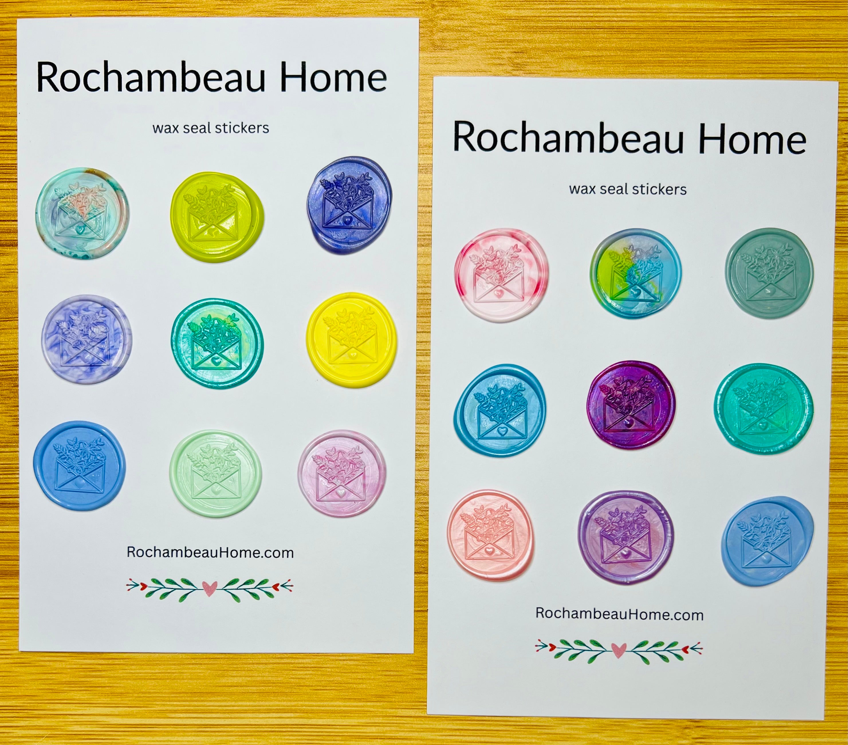 18 Cottagecore Floral Envelope wax seal stickers displayed on cards