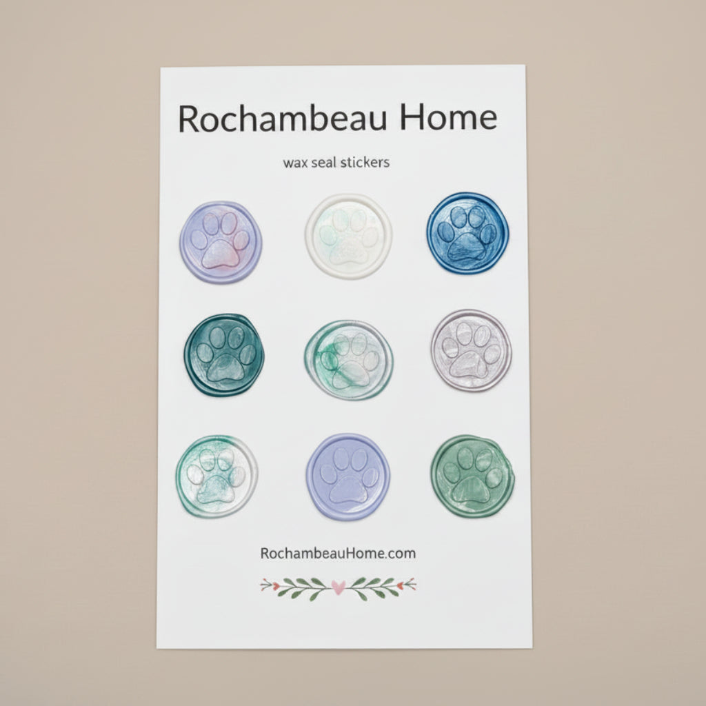 Close-up of 9 embossed paw print wax seal stickers created by Rochambeau Home Gifts