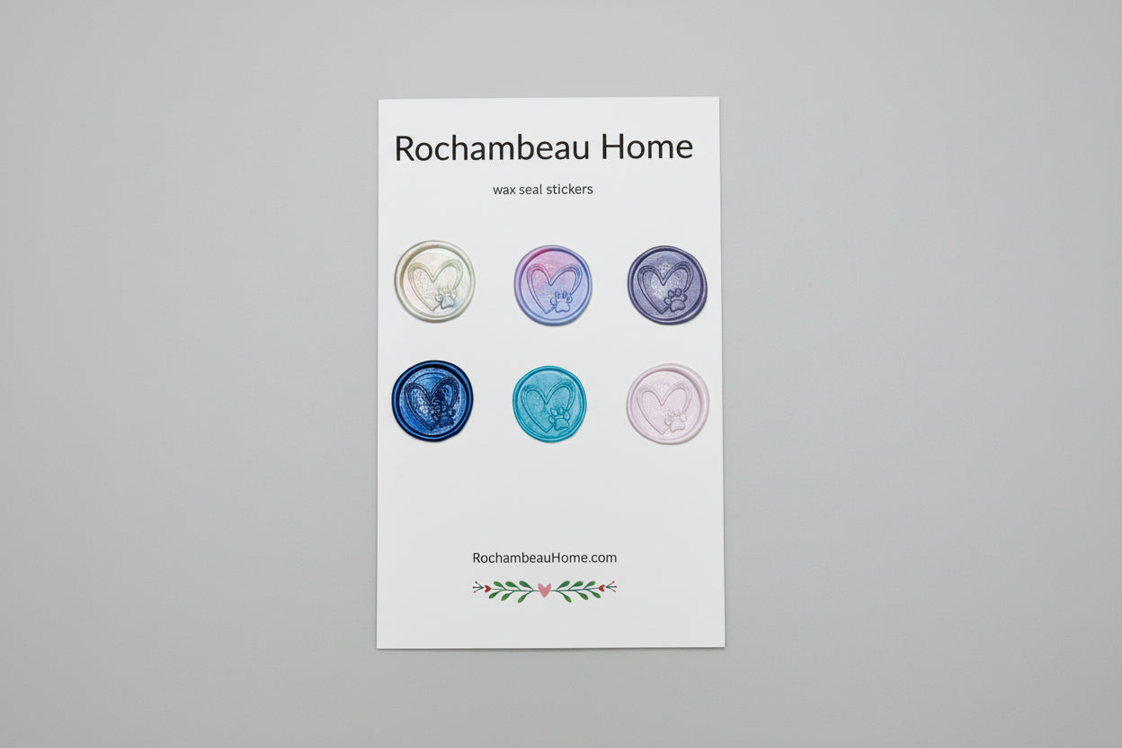 Multicolor wax seals created by Rochambeau Home featuring hand-drawn heart and pet paw design on a 6 pack display card