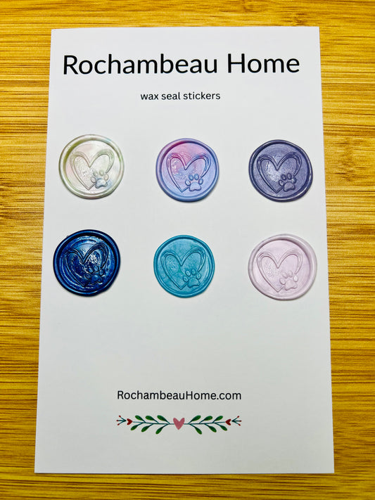 Multicolor wax seals featuring hand-drawn heart and pet paw design on display card