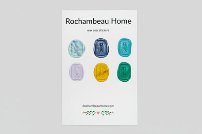 Elegant cicada wax seal stickers created by Rochambeau Home with ornamental borders in rich multicolor tones
