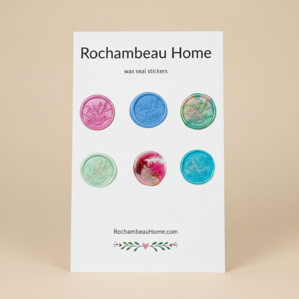 “With Love” wax seal stickers created by Rochambeau Home in a multicolor theme on display card