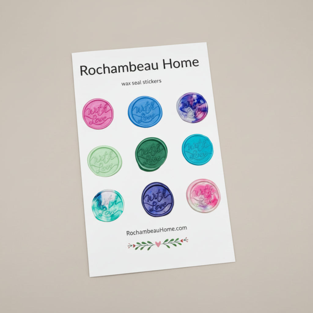 "With Love" wax seal stickers created by Rochambeau Home, can be styled with wedding invitations, Valentine’s packaging, and romantic stationery
