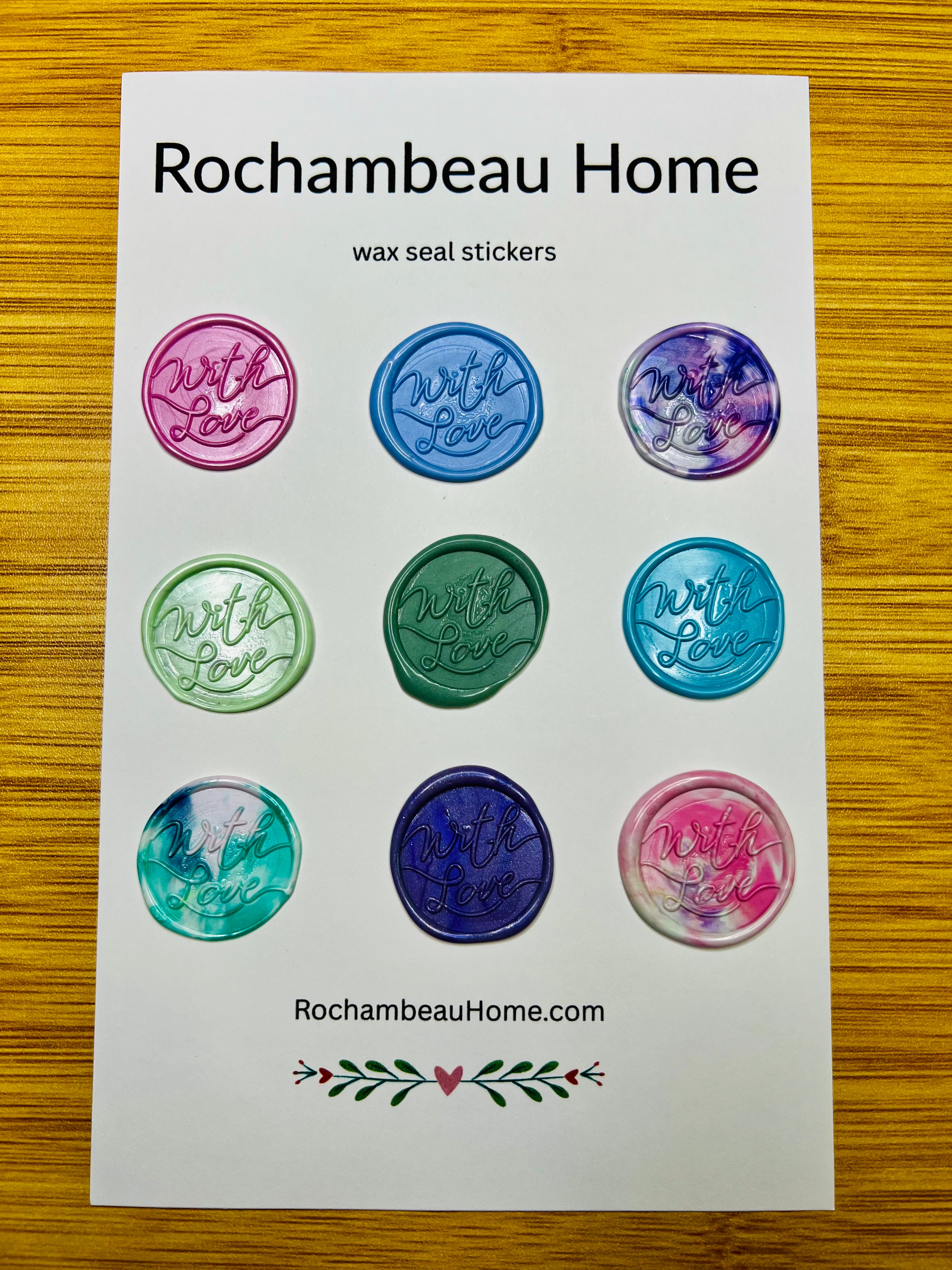"With Love" wax seal stickers can be styled with wedding invitations, Valentine’s packaging, and romantic stationery