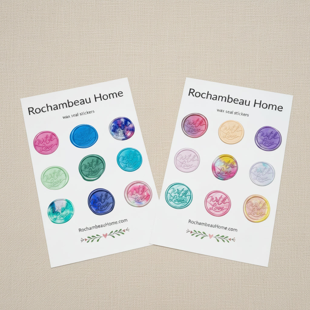 Two sheets of Rochambeau Home wax seal stickers on a light gray background.