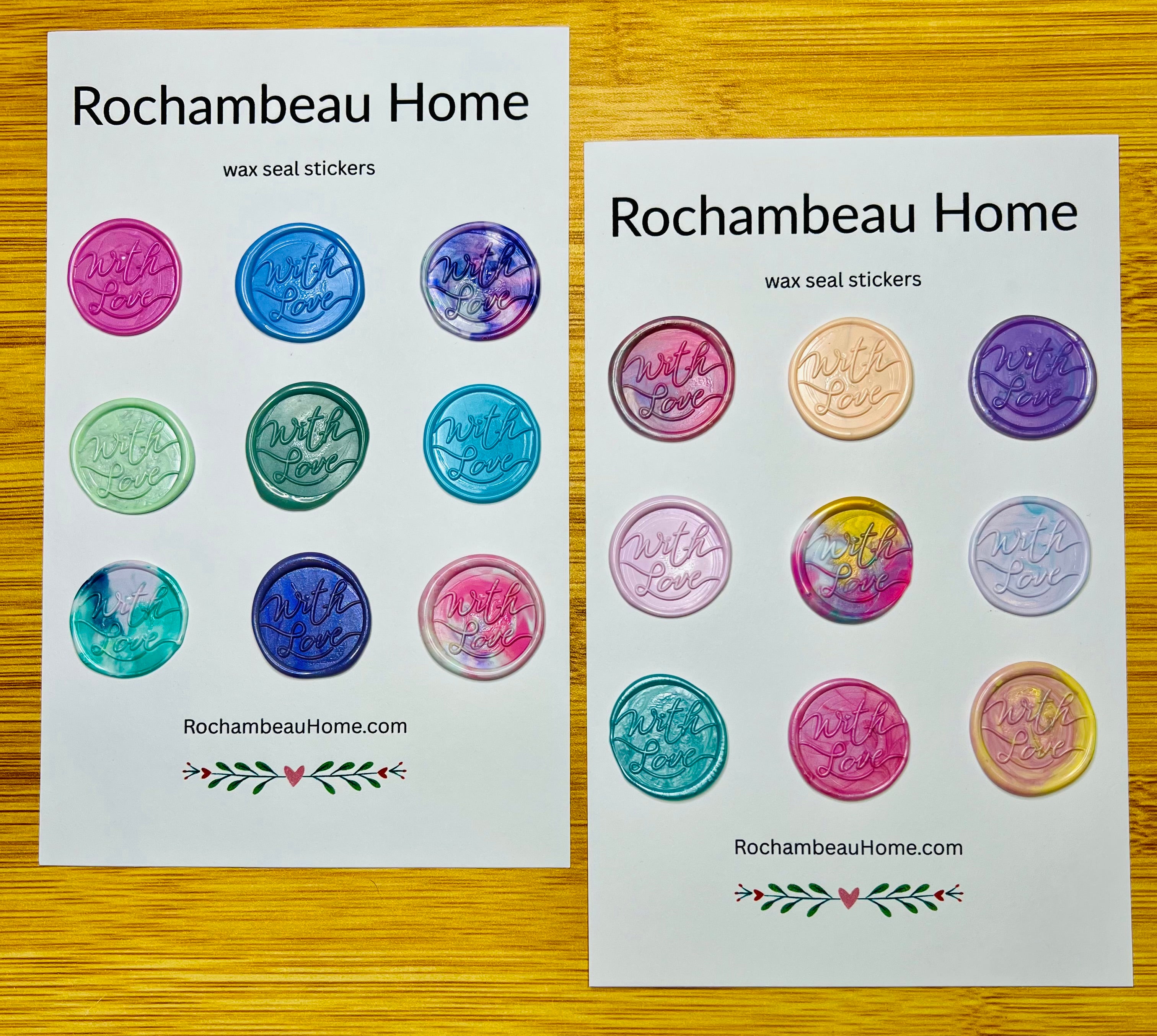 6, 9, or 18 packs of pink and multicolor “With Love” seals displayed for gifting or events