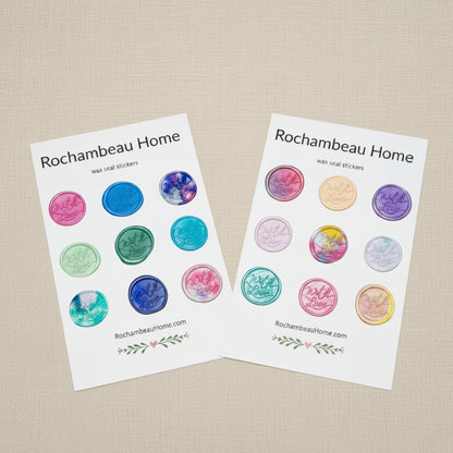 Two sheets of Rochambeau Home wax seal stickers on a light gray background.