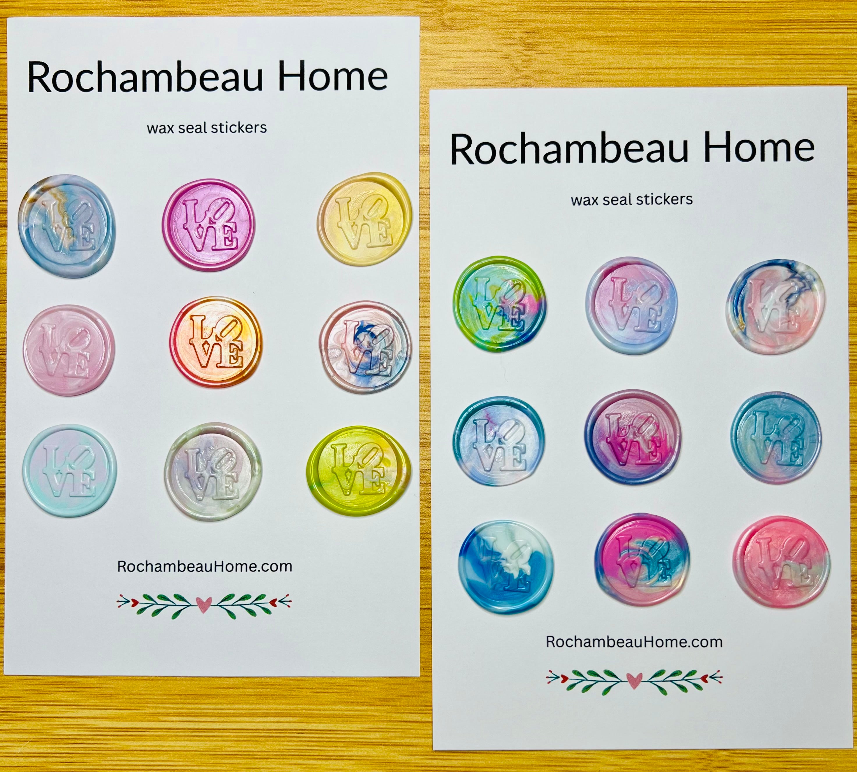 6, 9, and 18 pack LOVE wax seal cards displayed for gifting or retail