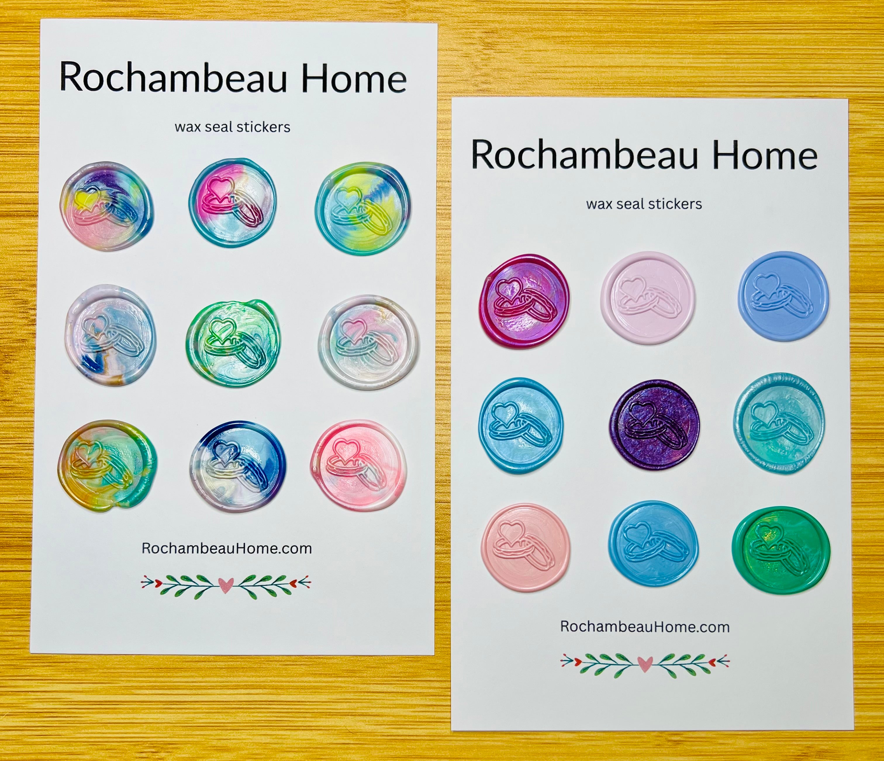 18 Bound by Love wax seal stickers on display cards in rainbow and solid multicolor themes