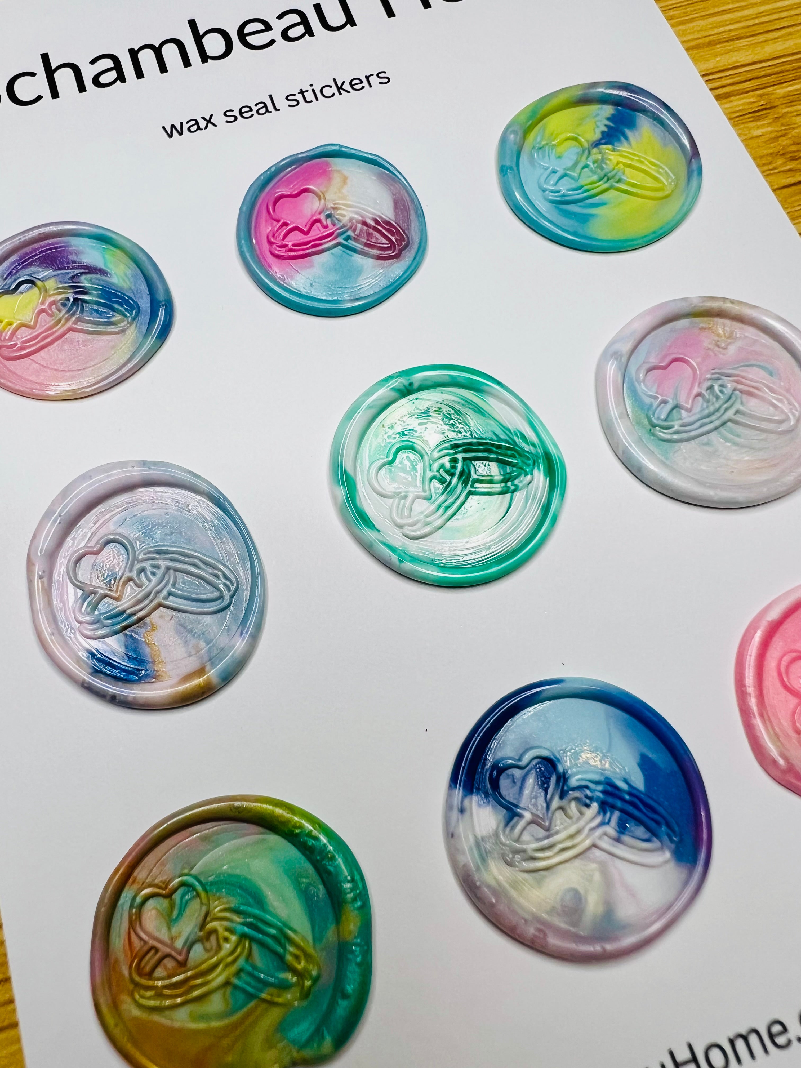 Bound in Love wax seal stickers in a rainbow multicolor theme