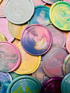 Overview of the woodgrain Wild Rings wax seal stickers with vibrant colors