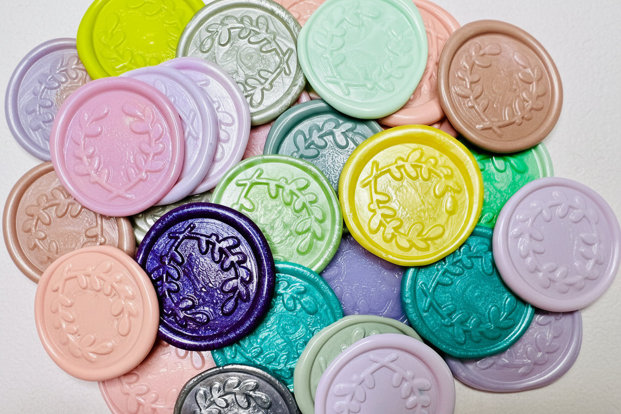 Olive branch wreath embossed wax seal stickers created by Rochambeau Home in various colors.