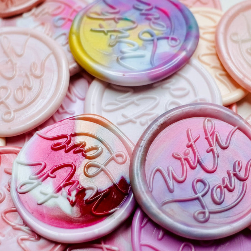 These pink-themed wax seal stickers, embossed with “With Love,” add a heartfelt touch to invitations, gifts, or snail mail. 