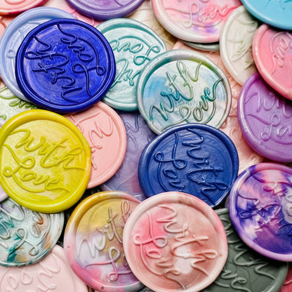 A close up view of the "With Love" wax seal stickers in the Rainbow Multicolor theme