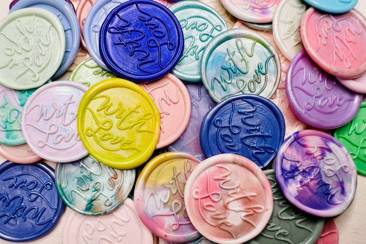 Beautiful 'With Love' wax seal stickers created by Rochambeau Home in pastel and vibrant color themes for any occasion. 