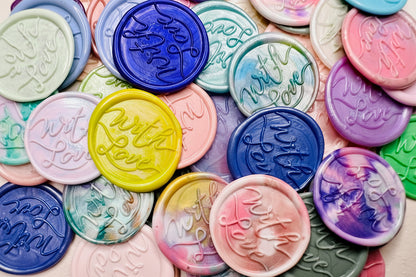 Beautiful 'With Love' wax seal stickers created by Rochambeau Home in pastel and vibrant color themes for any occasion. 