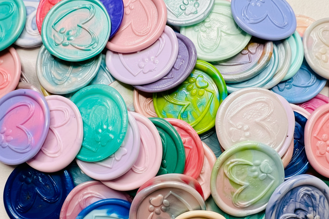 Beautiful and heartfelt wax seal stickers embossed with a handdrawn paw and heart in various colors.