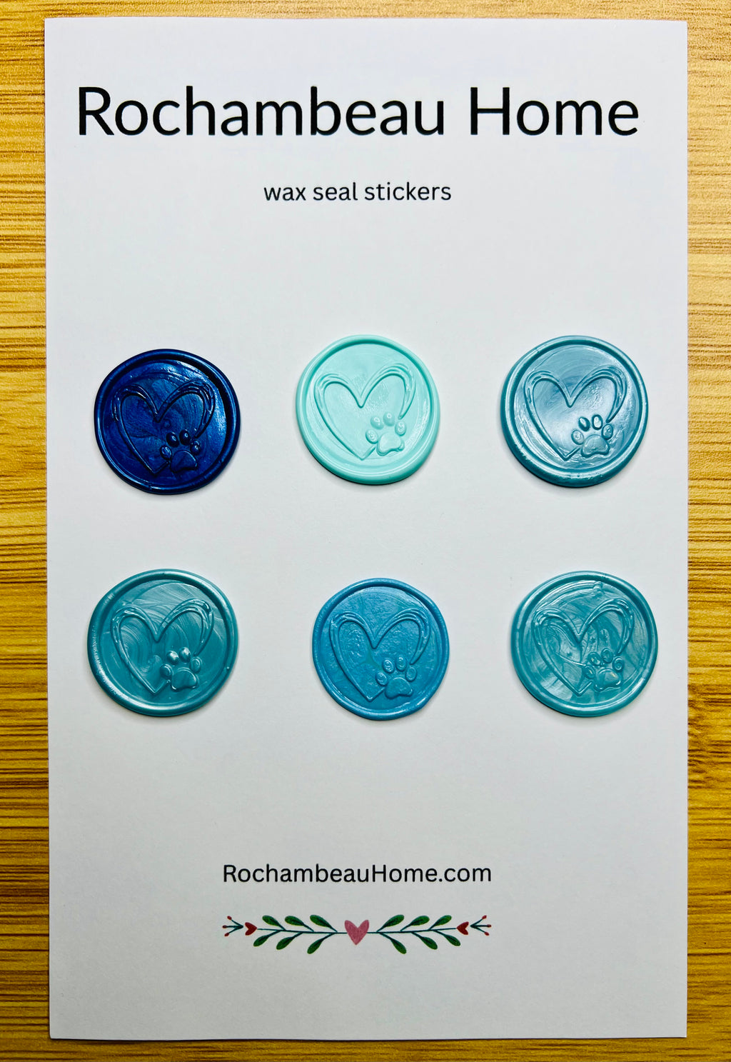 Paw & Heart wax seal stickers in a blue theme
