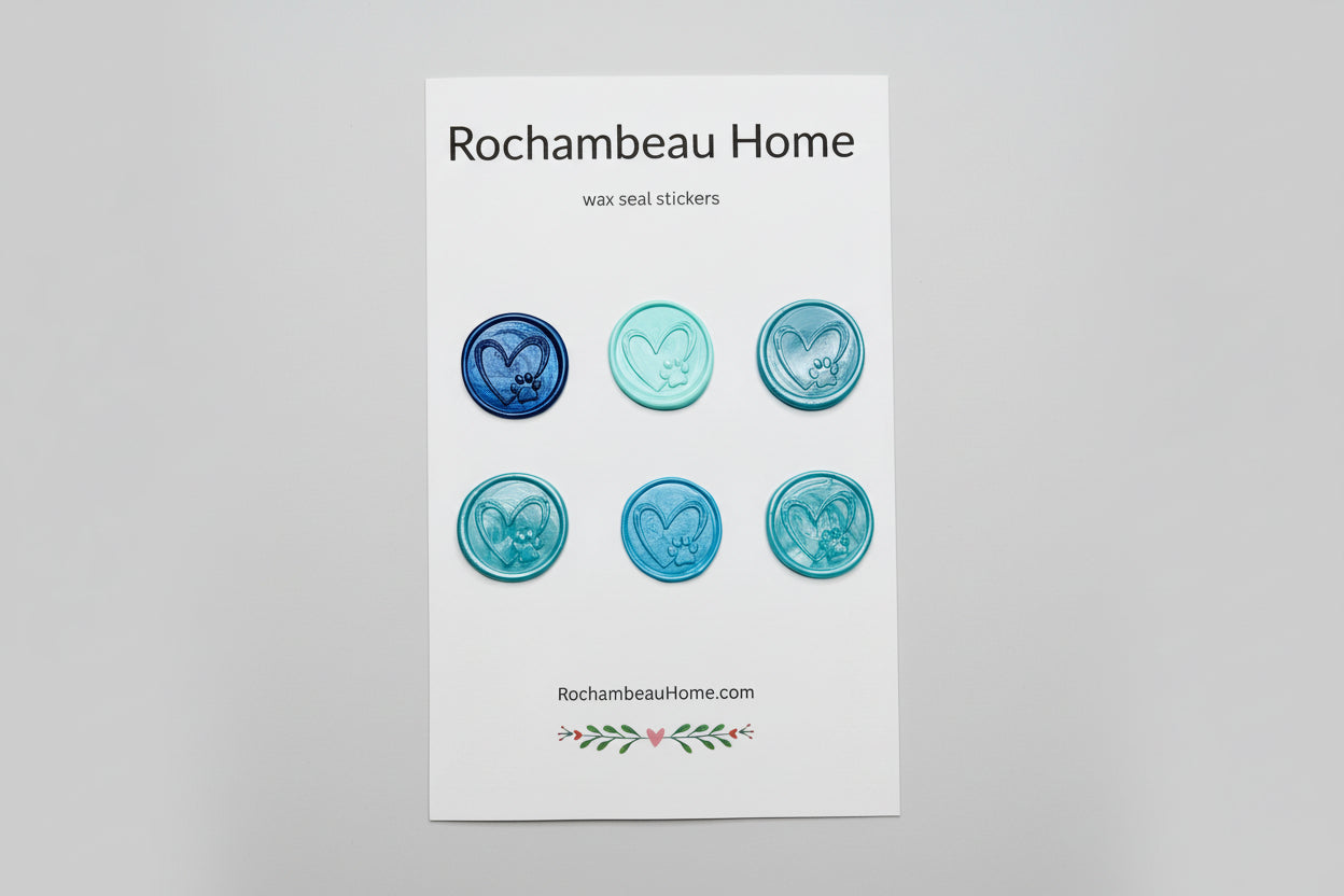 Paw & Heart wax seal stickers created by Rochambeau Home in a blue theme