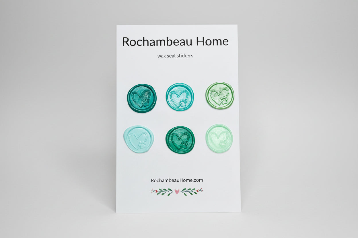 Paw & Heart wax seal stickers created by Rochambeau Home in a green theme