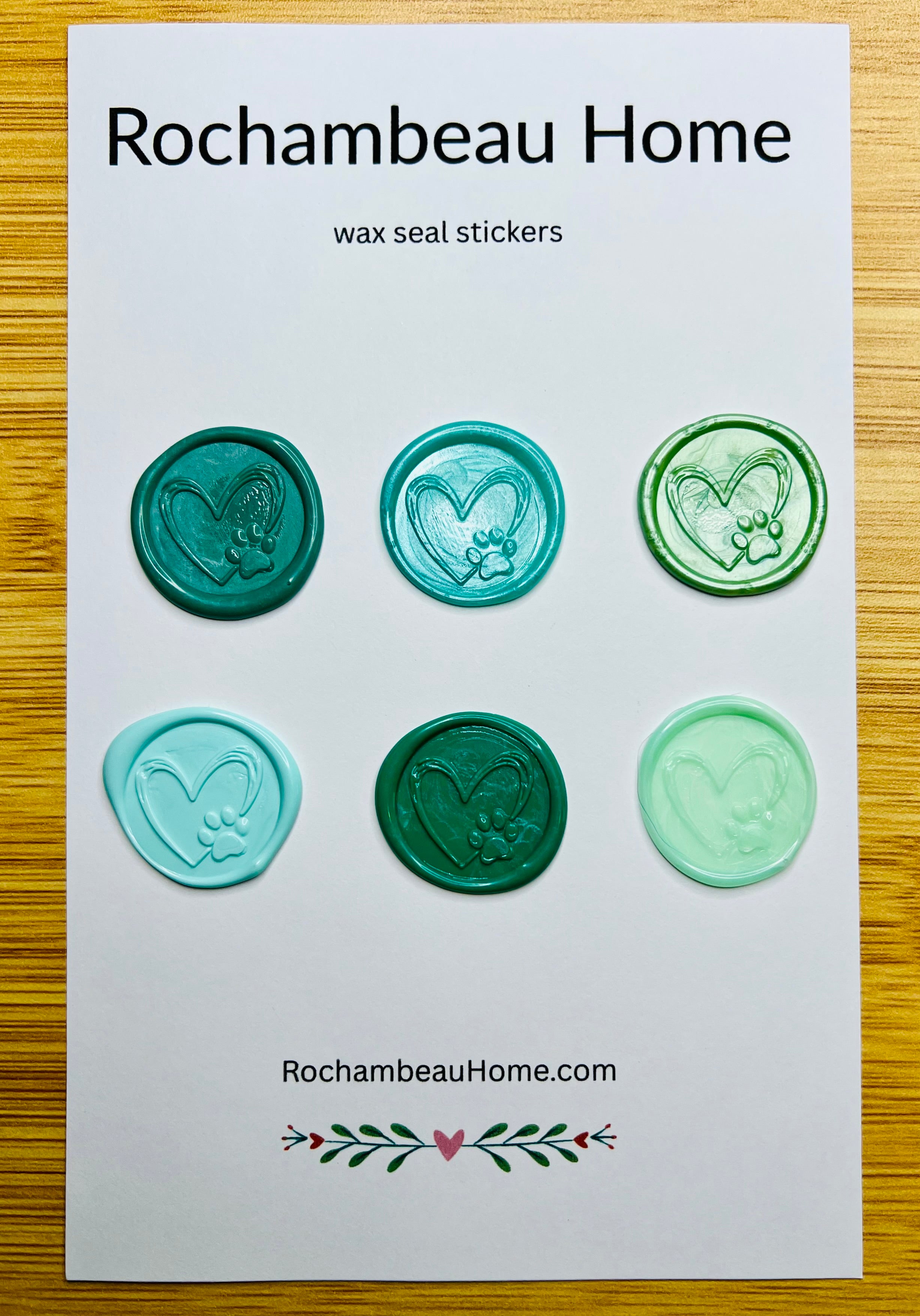 Paw & Heart wax seal stickers in a green theme