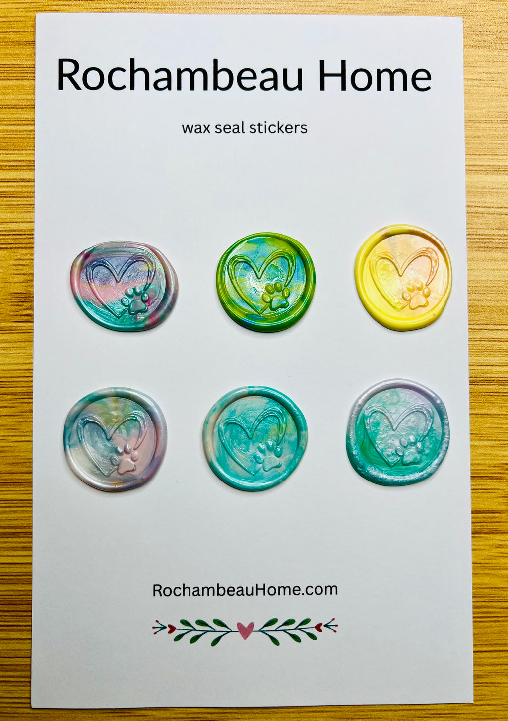 Paw & Heart wax seal stickers in a rainbow multicolor theme