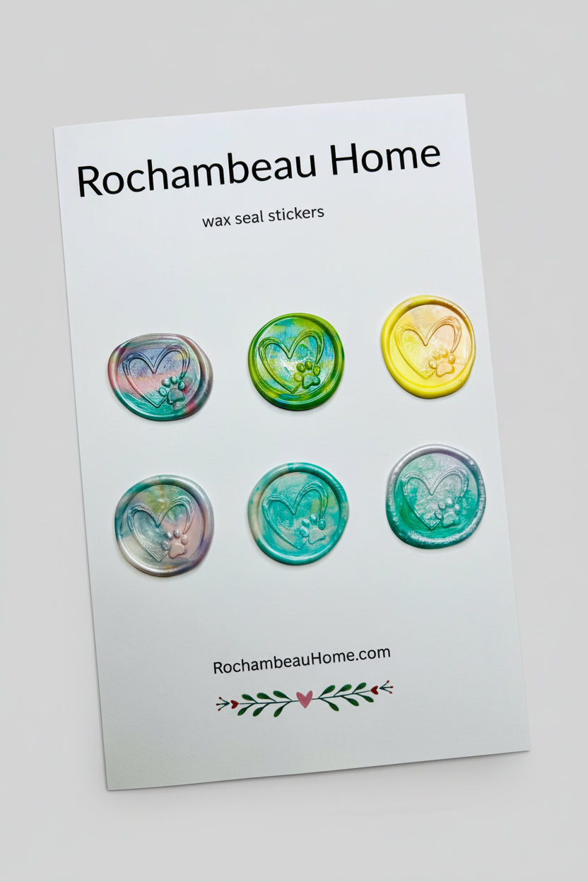 Paw & Heart wax seal stickers created by Rochambeau Home in a rainbow multicolor theme