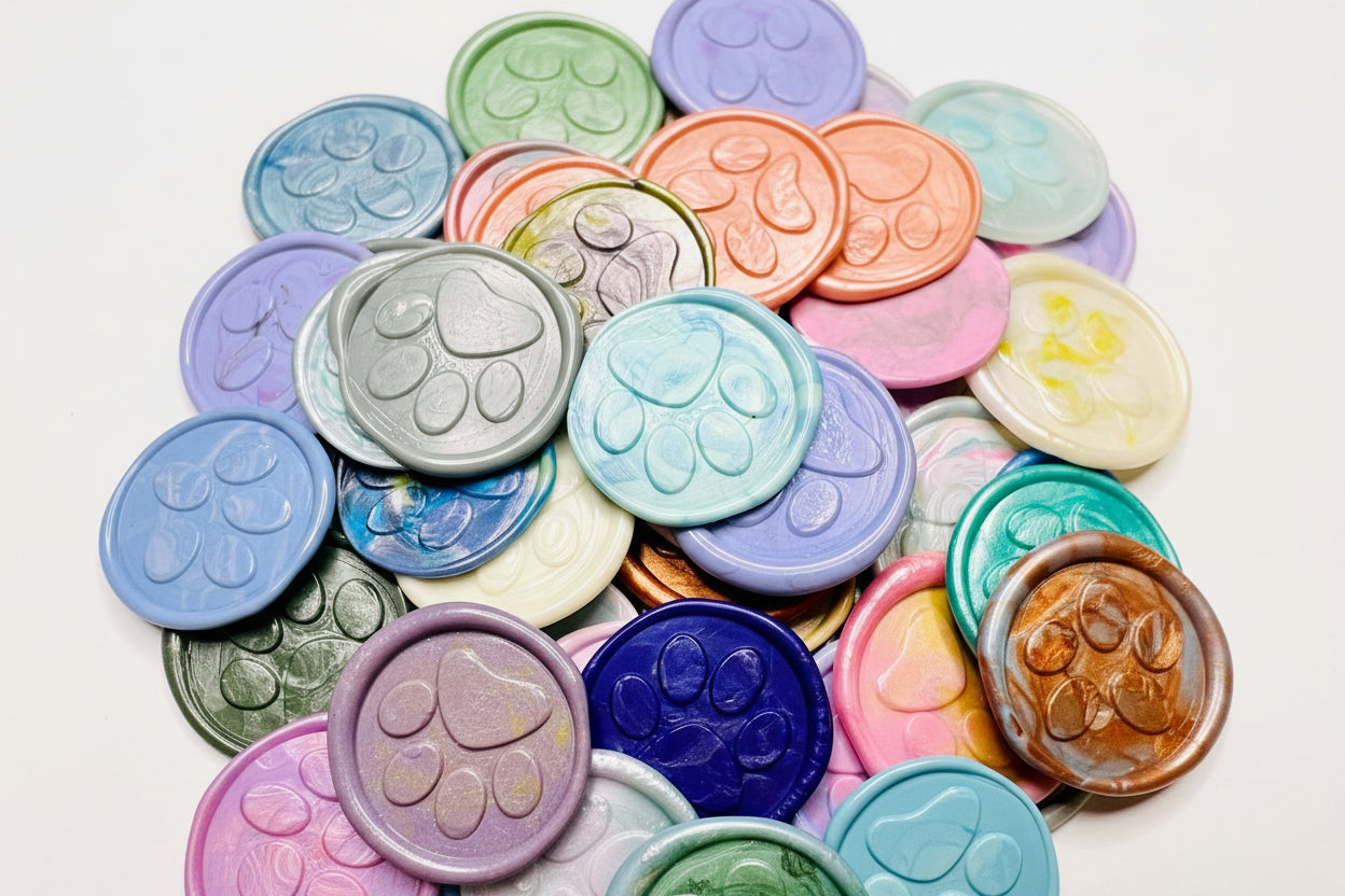 Colorful and vibrant paw embossed wax seal stickers created by Rochambeau Home.