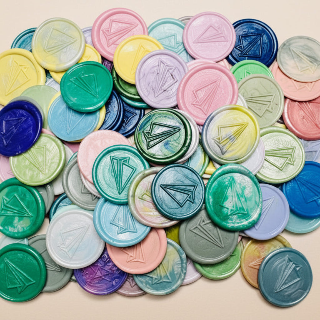 Close up view of the Flight of Fancy – Paper Airplane wax seal stickers from Rochambeau Home Gifts