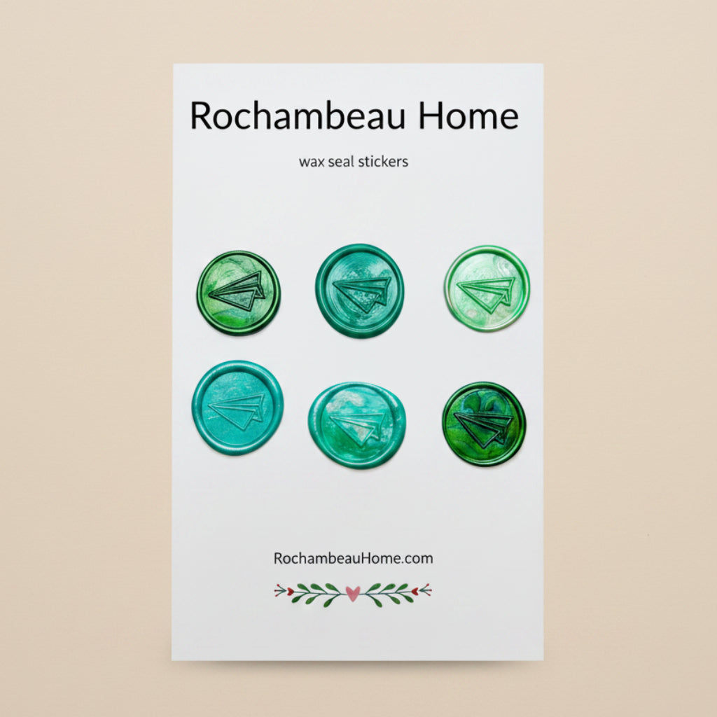 Flight of Fancy – Paper Airplane wax seal stickers created by Rochambeau Home in a green theme